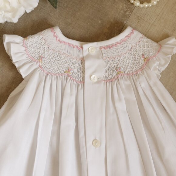 White Smocked Flutter Sleeve Dress Set Boutique 12 Months Hand -Embroidery NWT - Picture 3 of 6